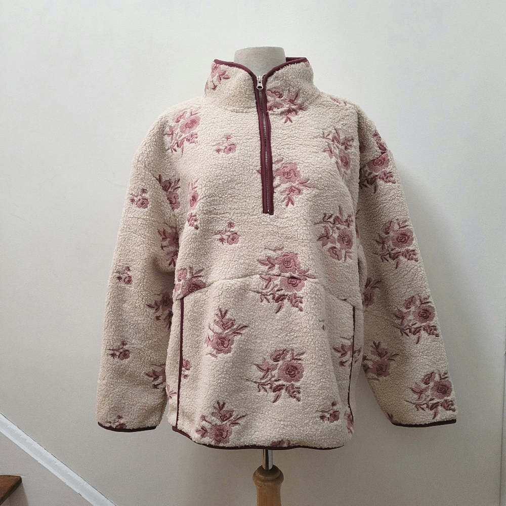NWT House of Harlow 1960 Floral Sherpa Quarter-Zip Pullover Cream Pink